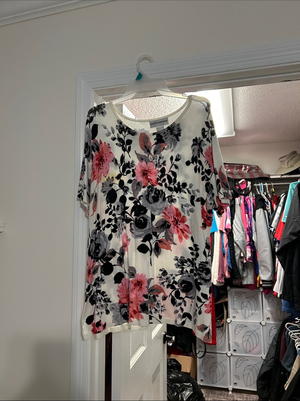 Cathy Daniels White Floral Short-Sleeve Tunic with Pink and Gray Blooms
